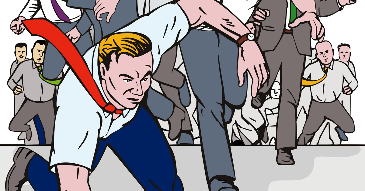 Businessmen in suits racing forward in a competitive rush, symbolizing ambition and corporate rivalry.