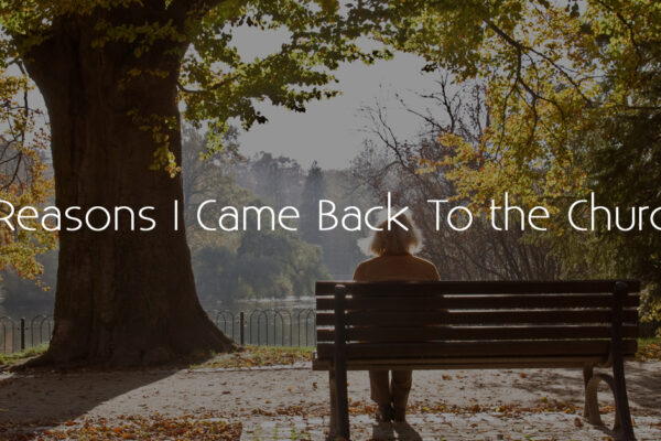 Person sitting on a park bench in autumn, contemplating 5 Reasons I Came Back to the Church text.