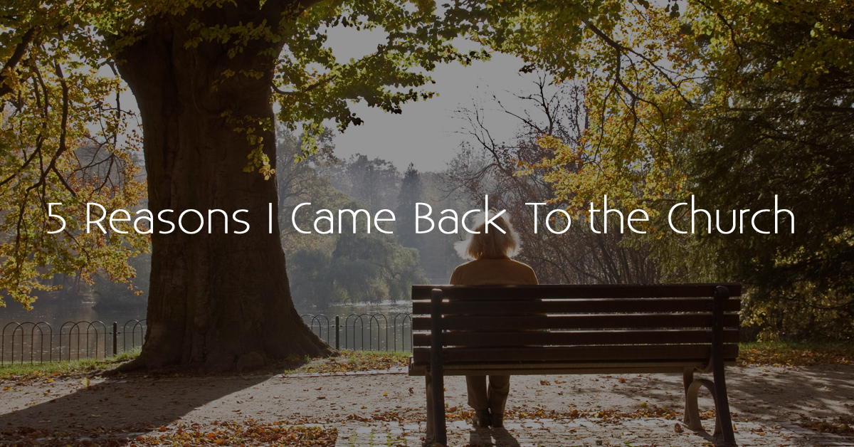 Person sitting on a park bench in autumn, contemplating 5 Reasons I Came Back to the Church text.