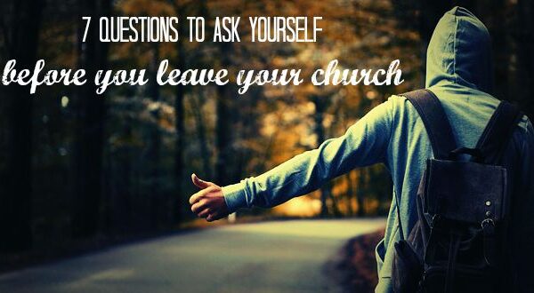 Person hitchhiking on a forest road with text 7 Questions Before Leaving Your Church in fall setting.