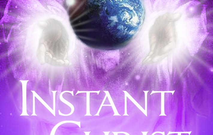 Illustration of Earth held by glowing hands with 'Instant Christ' text in a purple celestial background.