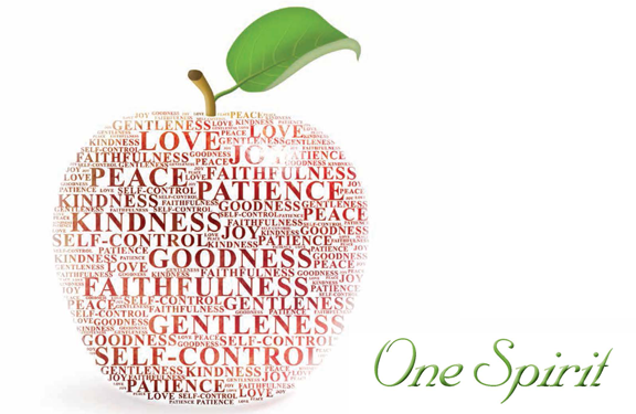 Word-filled apple featuring virtues like love, patience, and kindness, with One Spirit text.