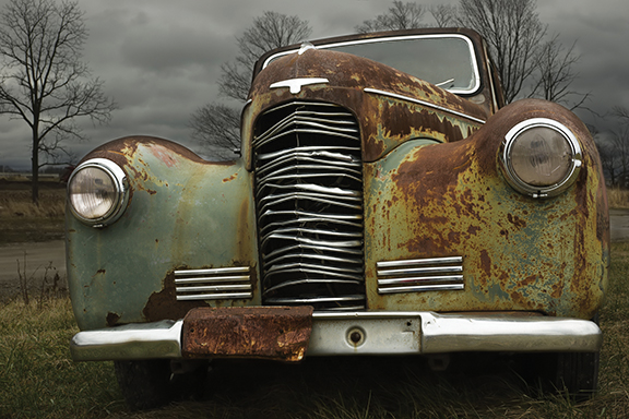Rusty vintage car parked in a field, showcasing a worn grille and headlamps on a cloudy day.