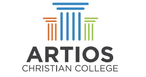 Logo of Artios Christian College with colorful columns symbolizing education and growth.