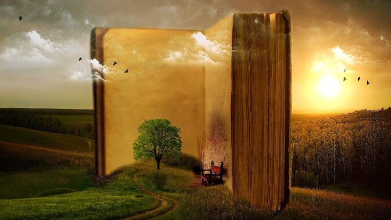 Surreal landscape with a giant open book, a tree pathway, and a radiant sunset, evoking imagination and adventure.