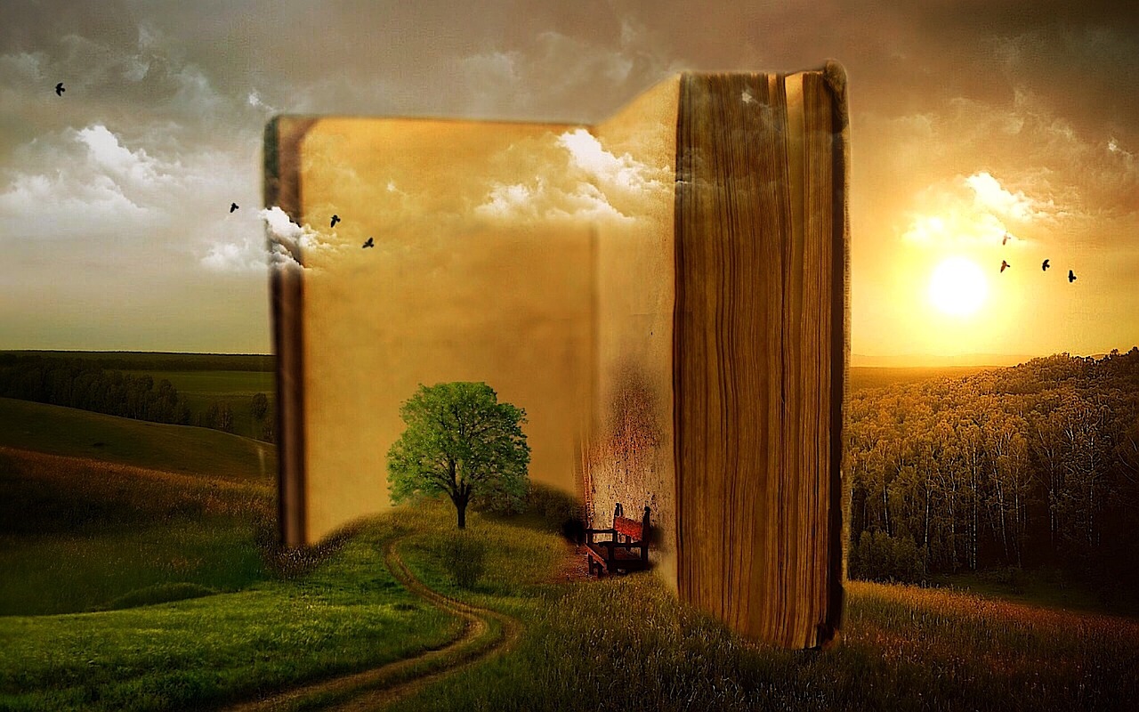 Surreal landscape with a giant open book, a tree pathway, and a radiant sunset, evoking imagination and adventure.