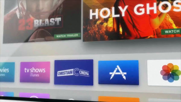 Streaming apps on a TV interface, featuring movie posters and icons for Christian Cinema, iTunes TV shows, and more.
