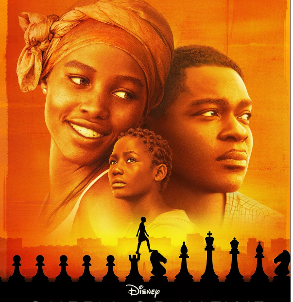 Movie poster featuring three people and chess pieces silhouetted against a vibrant orange background.