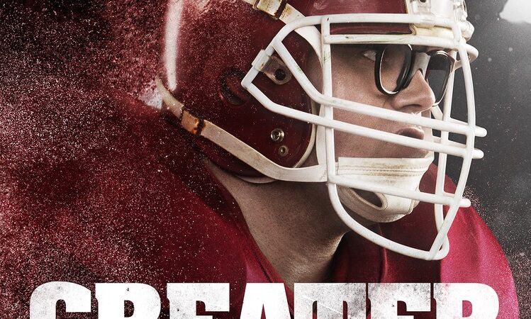 Football player in red helmet, text Greater highlights inspirational sports story.