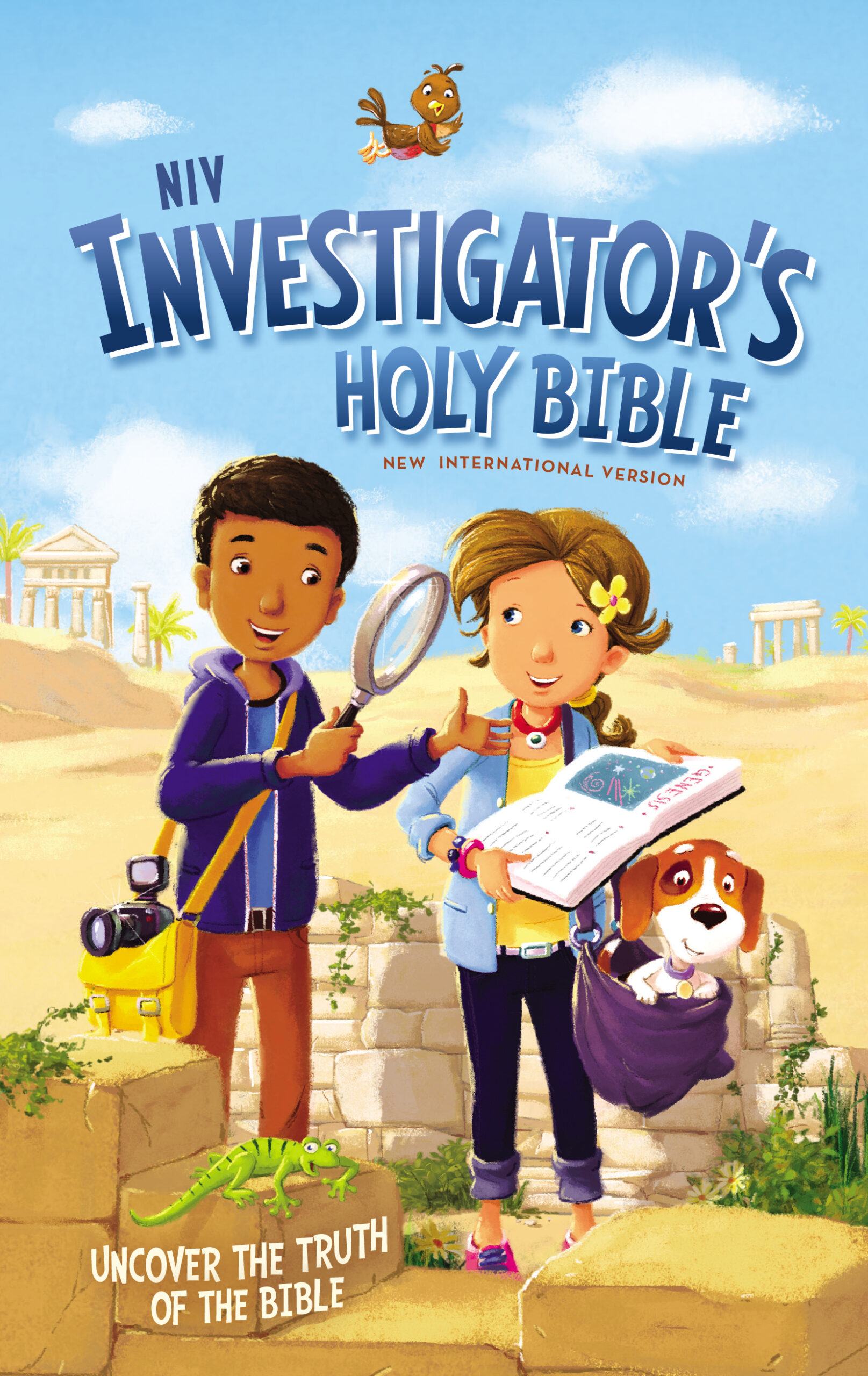 Children exploring the Investigator's Holy Bible with magnifying glass, book, and dog in archaeological setting.