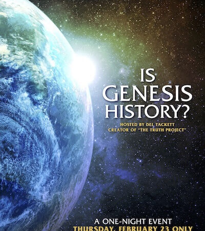 Is Genesis History? film poster featuring Earth and cosmic background for a one-night event in select cinemas.