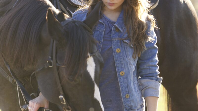 Young woman in denim beside a black horse with a saddle, standing outdoors in sunlight, showing a peaceful moment together.