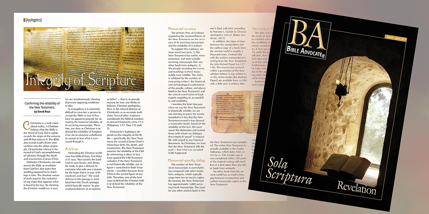 Bible Advocate magazine cover and article on Integrity of Scripture featuring ancient manuscripts.