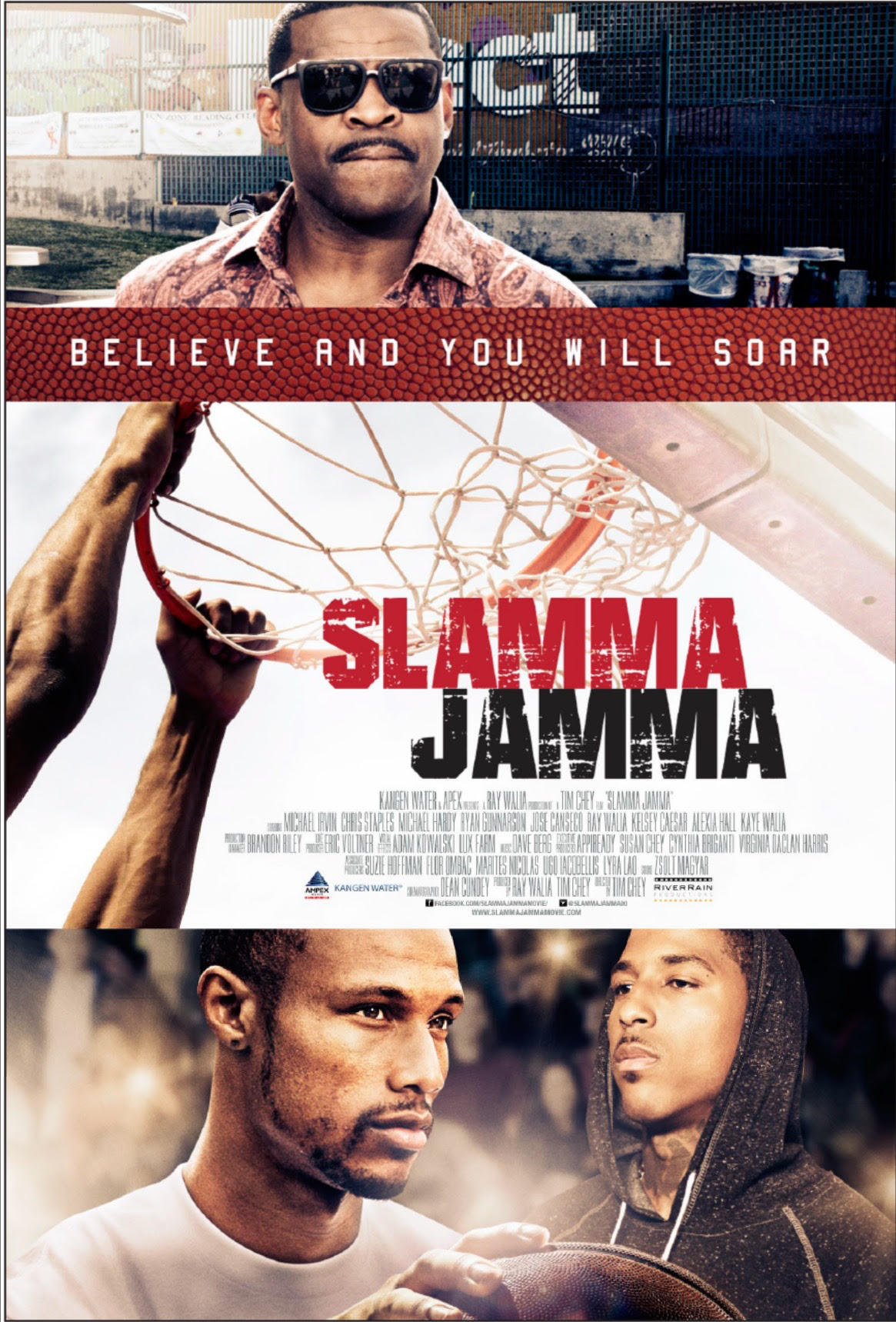 Slamma Jamma movie poster featuring a basketball theme and motivational message, Believe and you will soar.