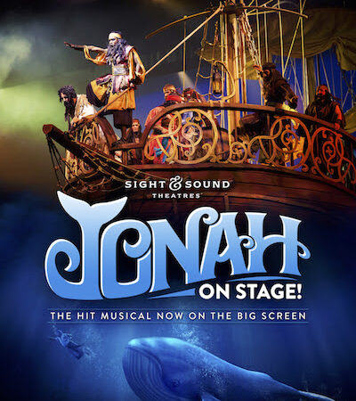Jonah on Stage poster: vibrant ship scene with characters, promoting a theatrical biblical musical event.