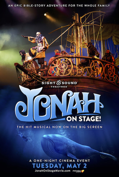 Jonah on Stage poster: vibrant ship scene with characters, promoting a theatrical biblical musical event.