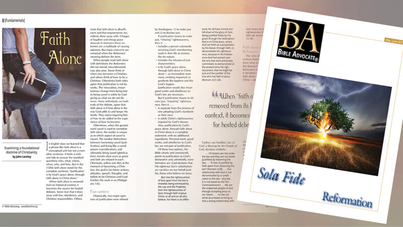 Magazine feature: Faith Alone article and Bible Advocate cover with lightning-struck tree, May-June 2017 issue.