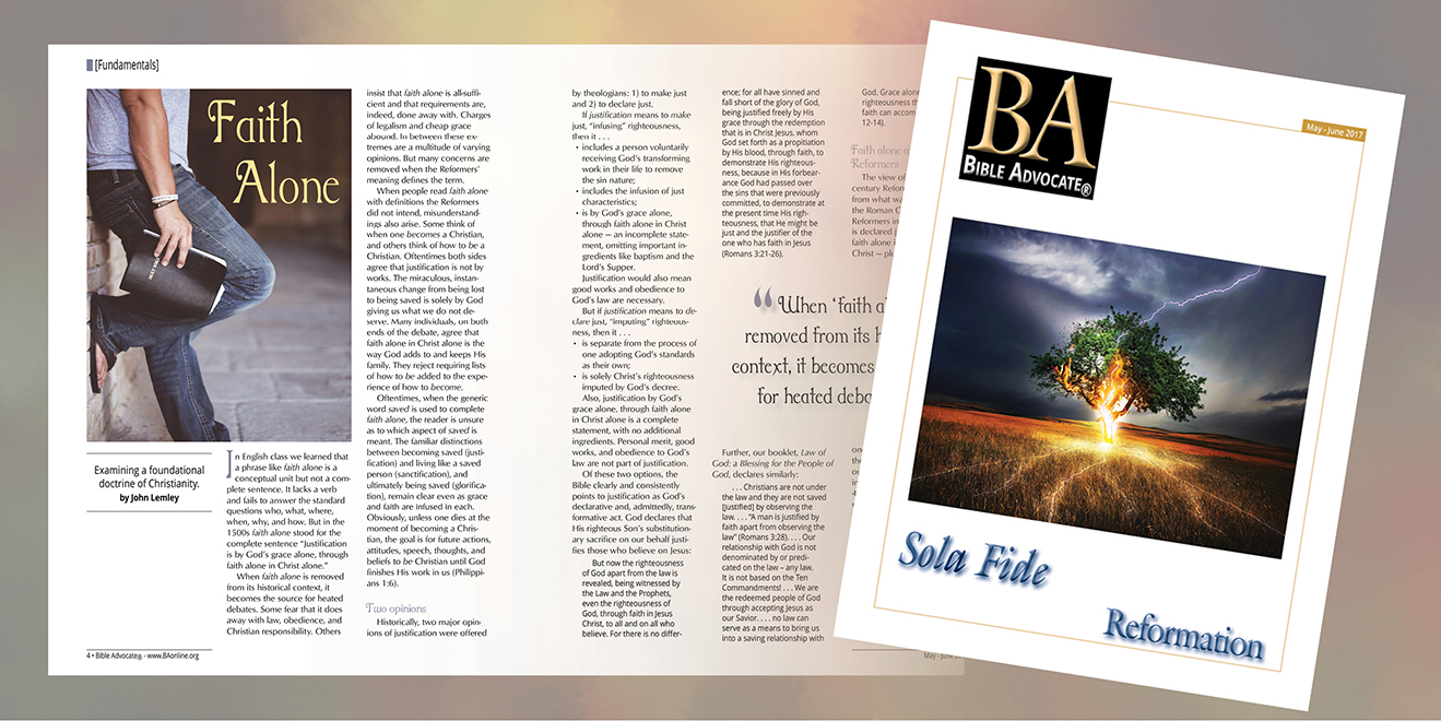 Magazine feature: Faith Alone article and Bible Advocate cover with lightning-struck tree, May-June 2017 issue.