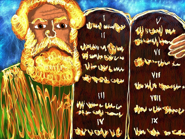Illustration of a bearded man holding two stone tablets with inscriptions against a vibrant blue background.