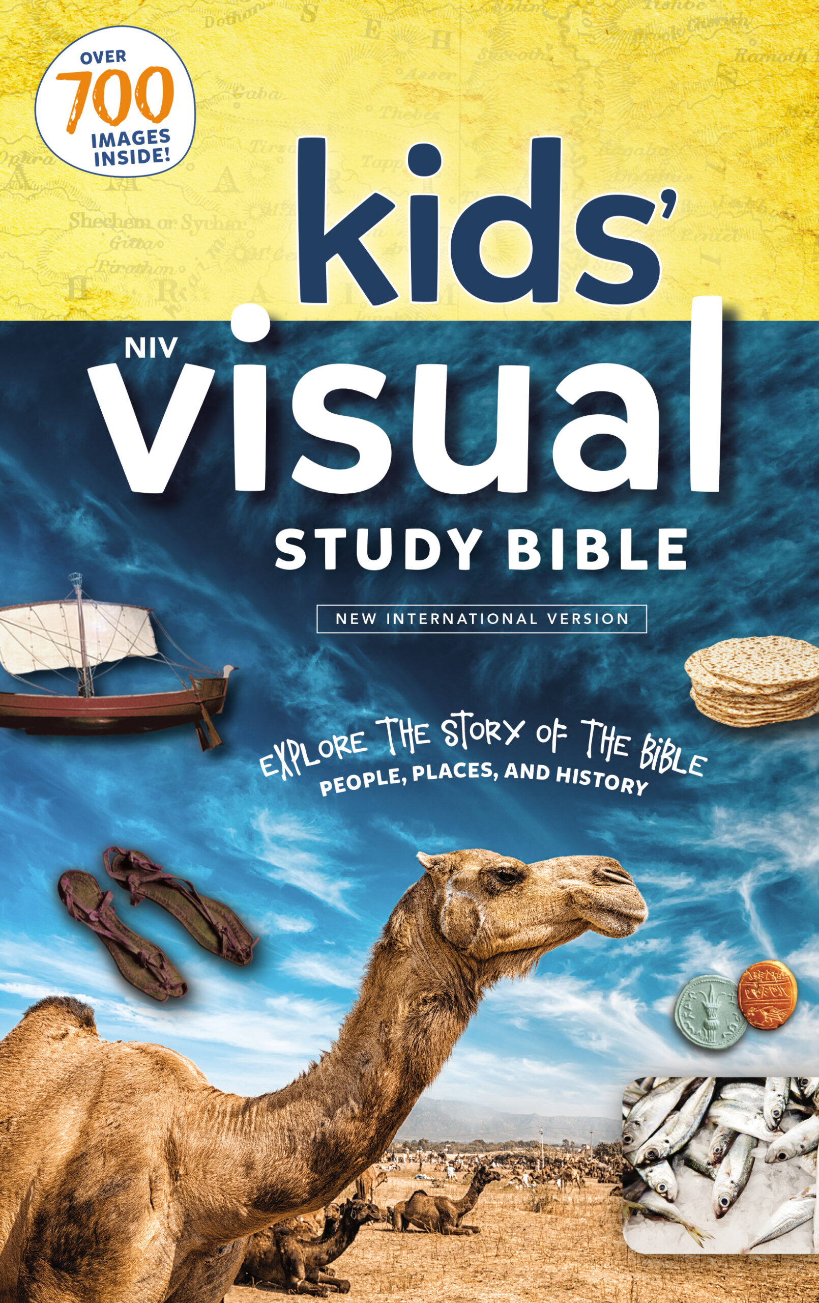 Kids' Visual Study Bible cover featuring historical artifacts, camel, and scenery for exploring biblical stories and history.