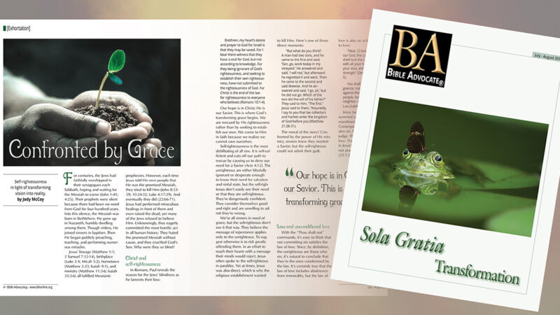 Magazine spread with a plant sprout and frog-themed cover titled Confronted by Grace and Sola Gratia.