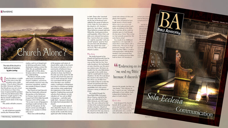 Cover of Bible Advocate magazine with church-themed articles and imagery.