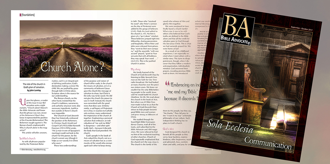 Cover of Bible Advocate magazine with church-themed articles and imagery.