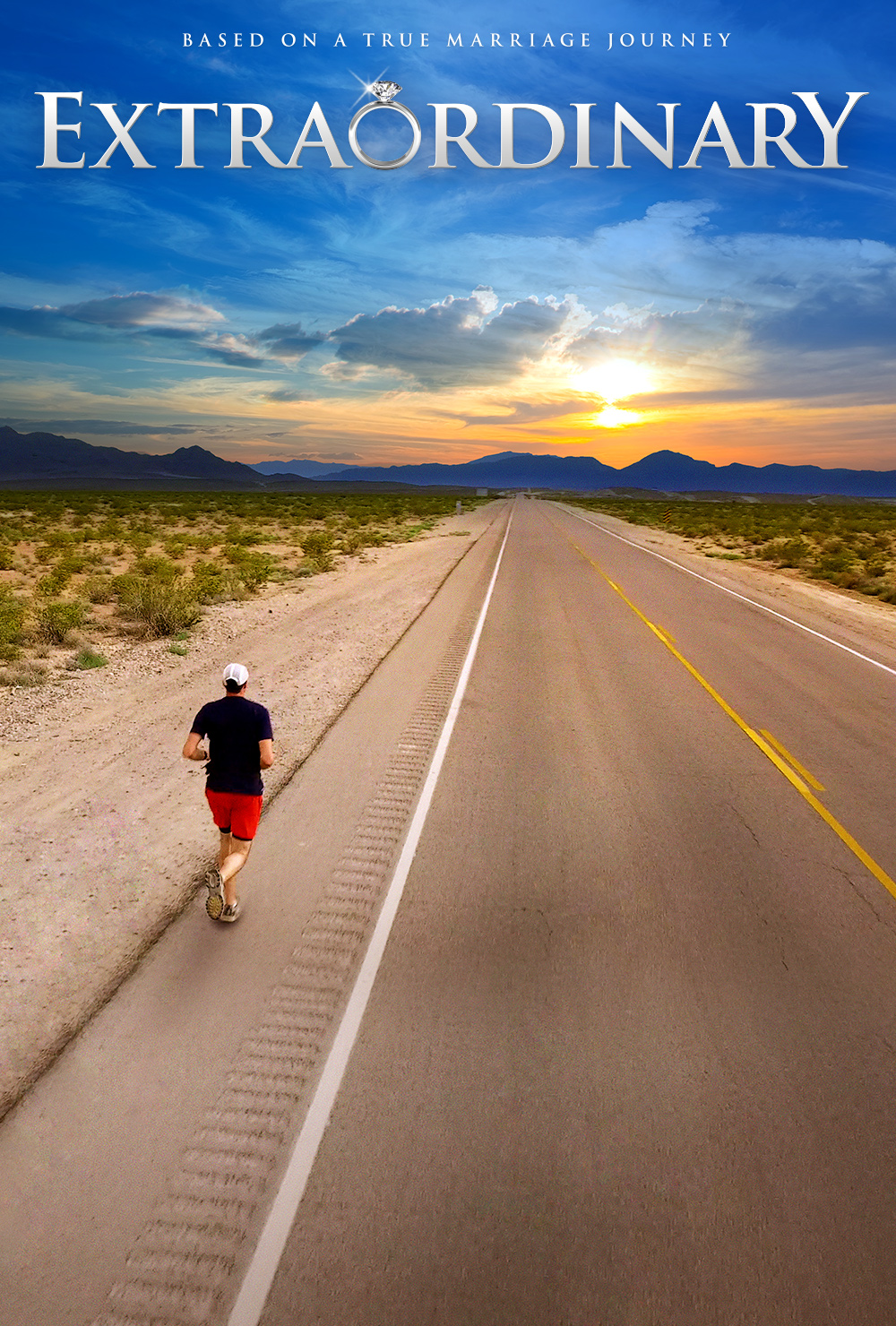 Runner on deserted highway under vibrant sunset, promoting Extraordinary film based on true marriage journey.