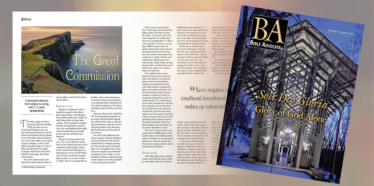 Magazine cover and spread featuring The Great Commission and Soli Deo Gloria articles from Bible Advocate.