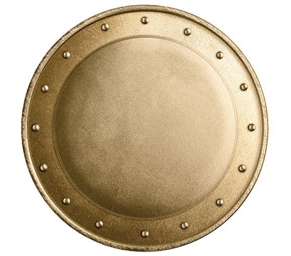 A round, textured golden shield with rivet details, viewed from above on a white background.