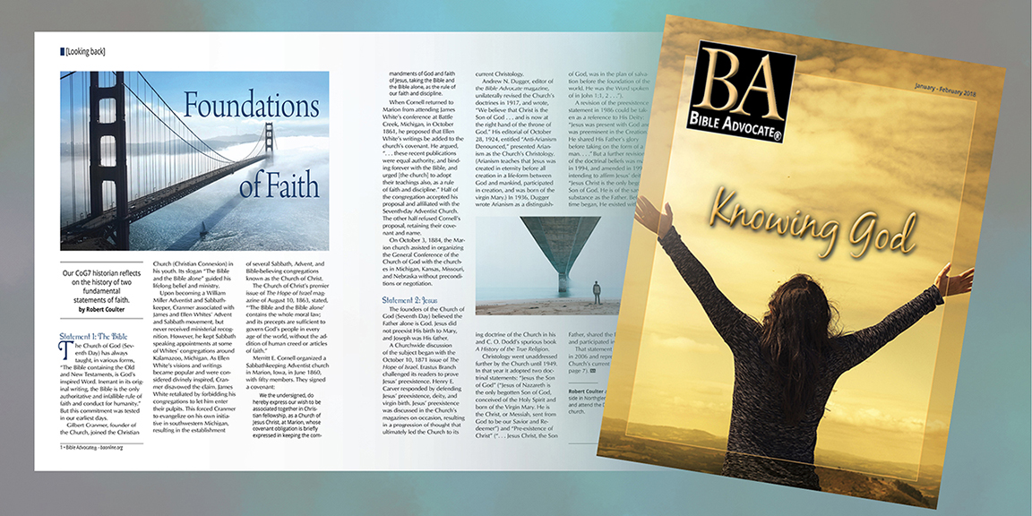 Bible Advocate magazine cover and spread on faith foundations and knowing God, January-February 2018 issue.