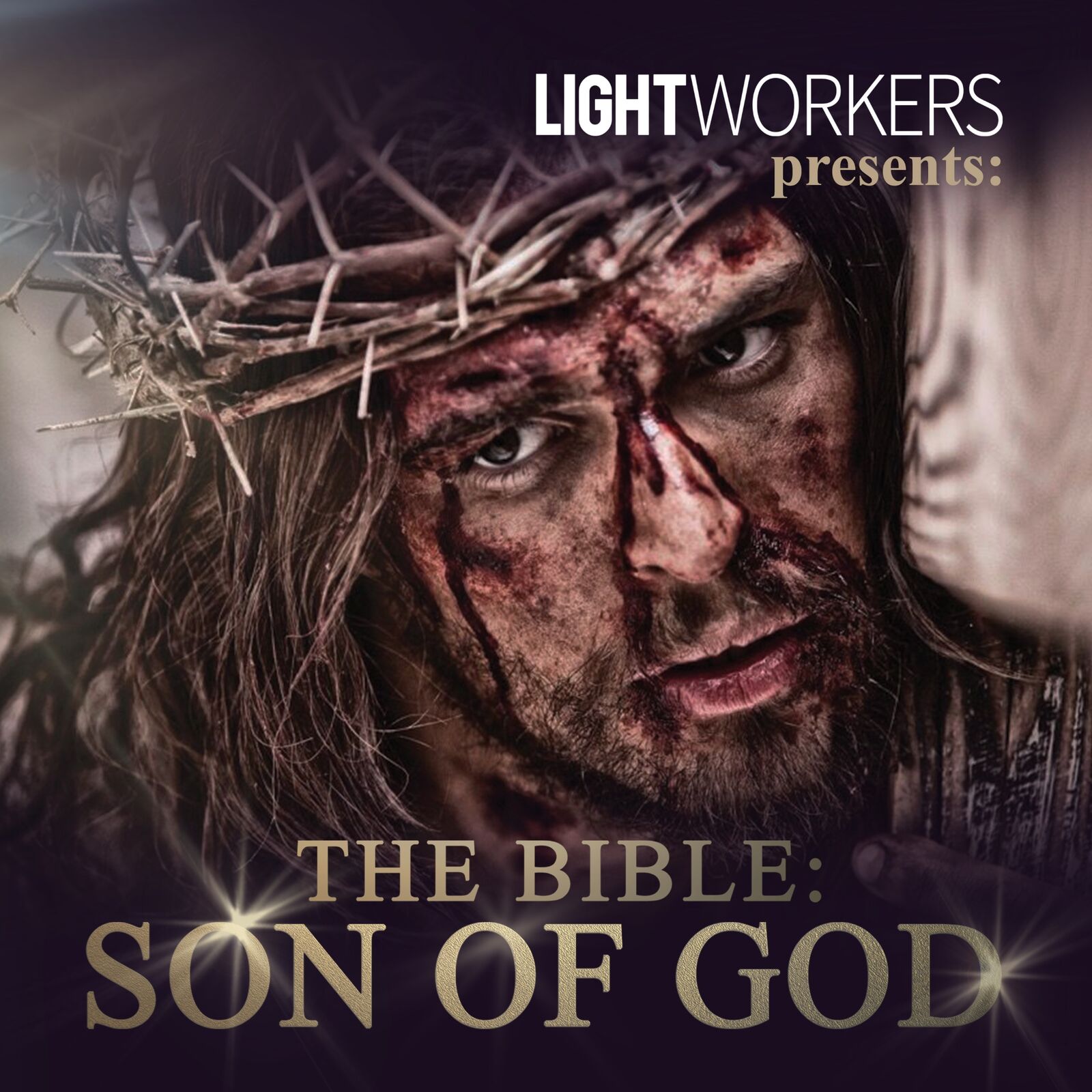 LightWorkers presents The Bible: Son of God with a man wearing a crown of thorns, depicting biblical imagery.