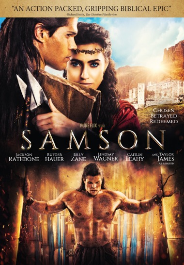 Movie poster for Samson featuring a muscular man and a woman with dramatic backdrop, text highlighting cast names.