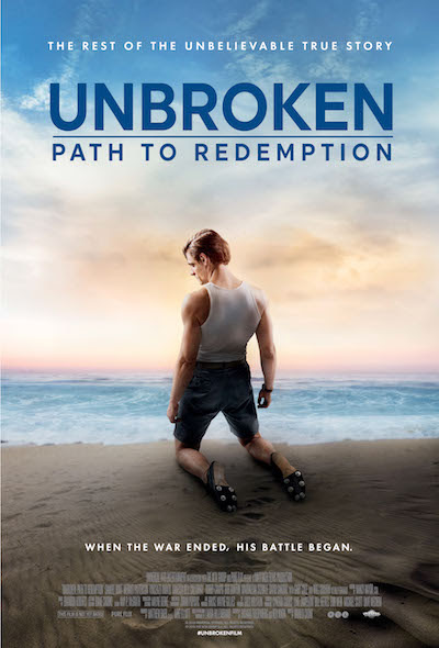 Man kneeling on beach with sunset, Unbroken: Path to Redemption movie poster showcasing resilience and hope.