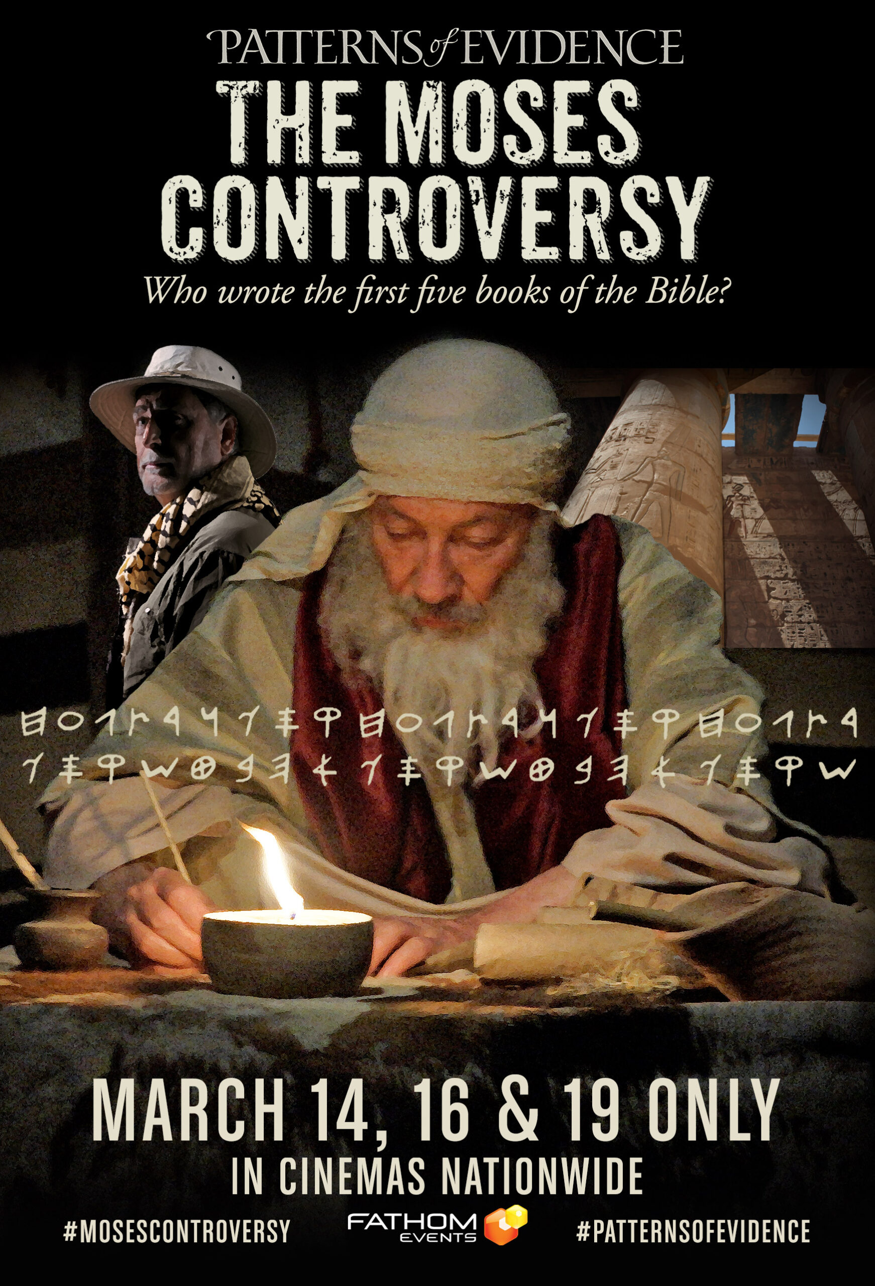 The Moses Controversy movie poster, exploring biblical authorship, in theaters March 14, 16, 19. Fathom Events.