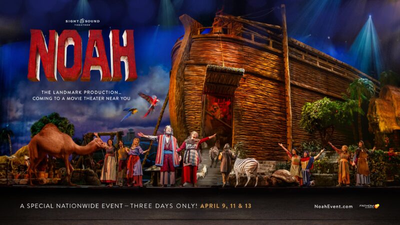 Live stage performance of Noah's Ark with lifelike set, featuring animals and actors. Special nationwide event promo.