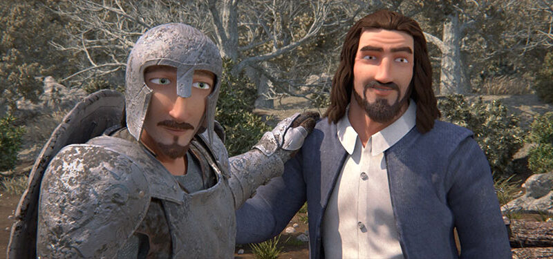 Animated knight in armor and a smiling man stand in a forest, showcasing friendship and adventure.