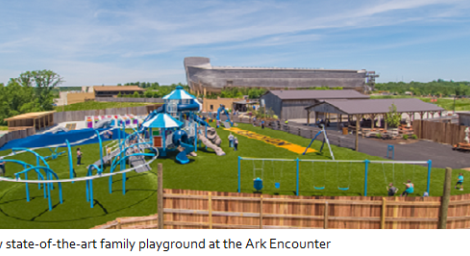 Colorful playground with slides and swings at Ark Encounter, with ark structure in background, on a sunny day.