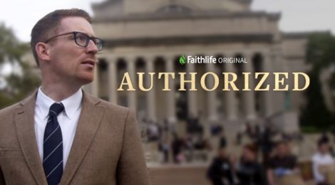 Man in suit and glasses stands in front of a building with Authorized text overlay, promoting Faithlife Original content.