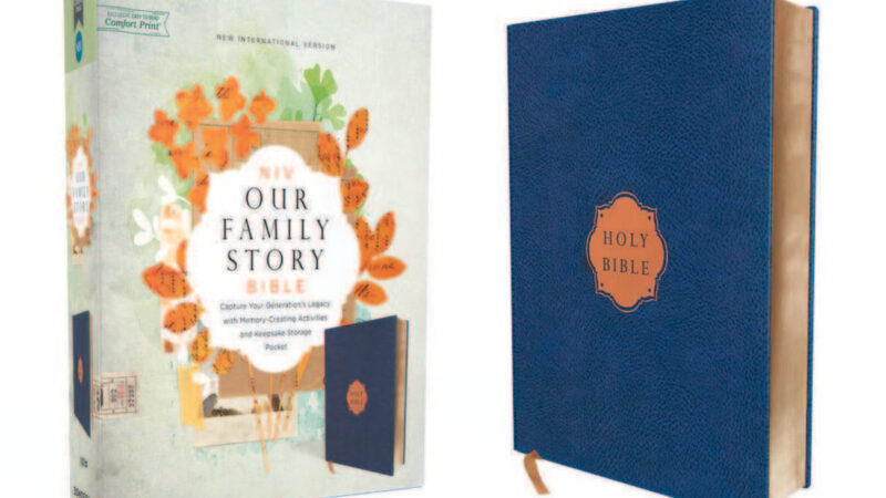 Cover and packaging of the NIV Our Family Story Bible, featuring a blue leather look and floral design.