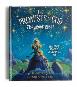 The Promises of God Storybook Bible cover with illustrated figure in starry night, by Jennifer Lyell, art by Tsilis.
