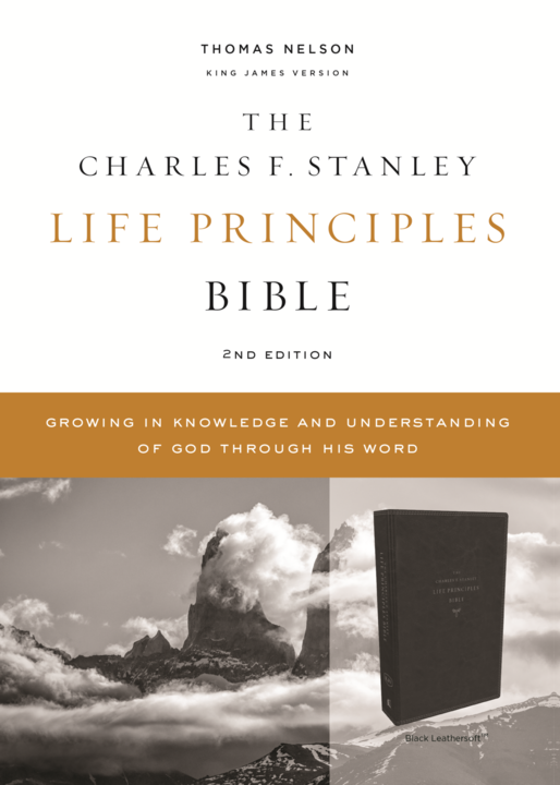 Charles F. Stanley Life Principles Bible 2nd Edition cover with mountain and Bible image.