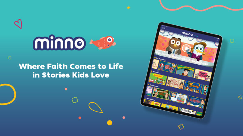Minno app on tablet promoting faith-based stories for kids with cartoon characters and colorful design.
