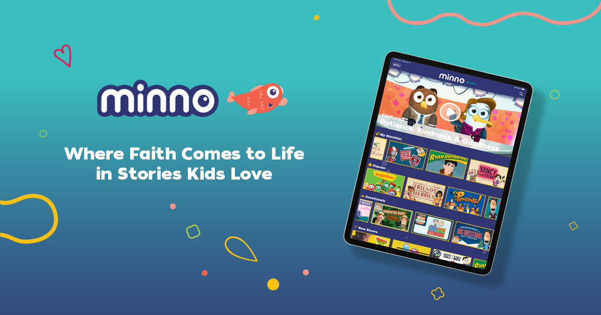 Minno app on tablet promoting faith-based stories for kids with cartoon characters and colorful design.