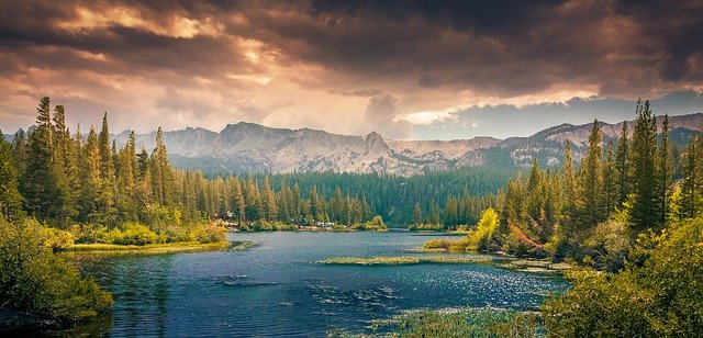 Scenic lake view with pine trees and mountain backdrop under cloudy sky at sunset.