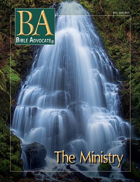 Waterfall on Bible Advocate magazine cover titled The Ministry, May-June 2020 issue.