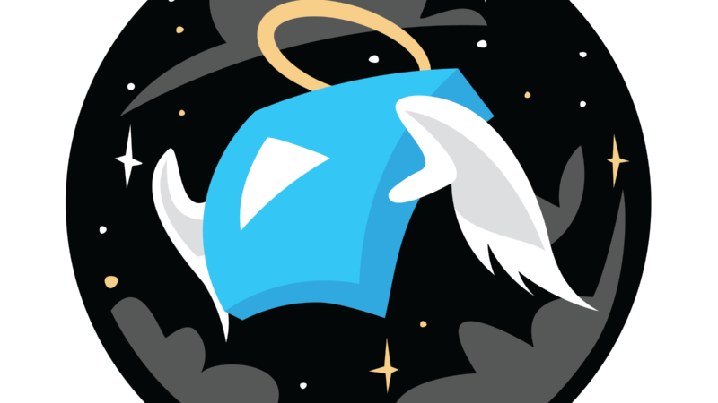 Blue shirt with wings and halo floating in a starry night sky, conveying a whimsical, celestial theme.