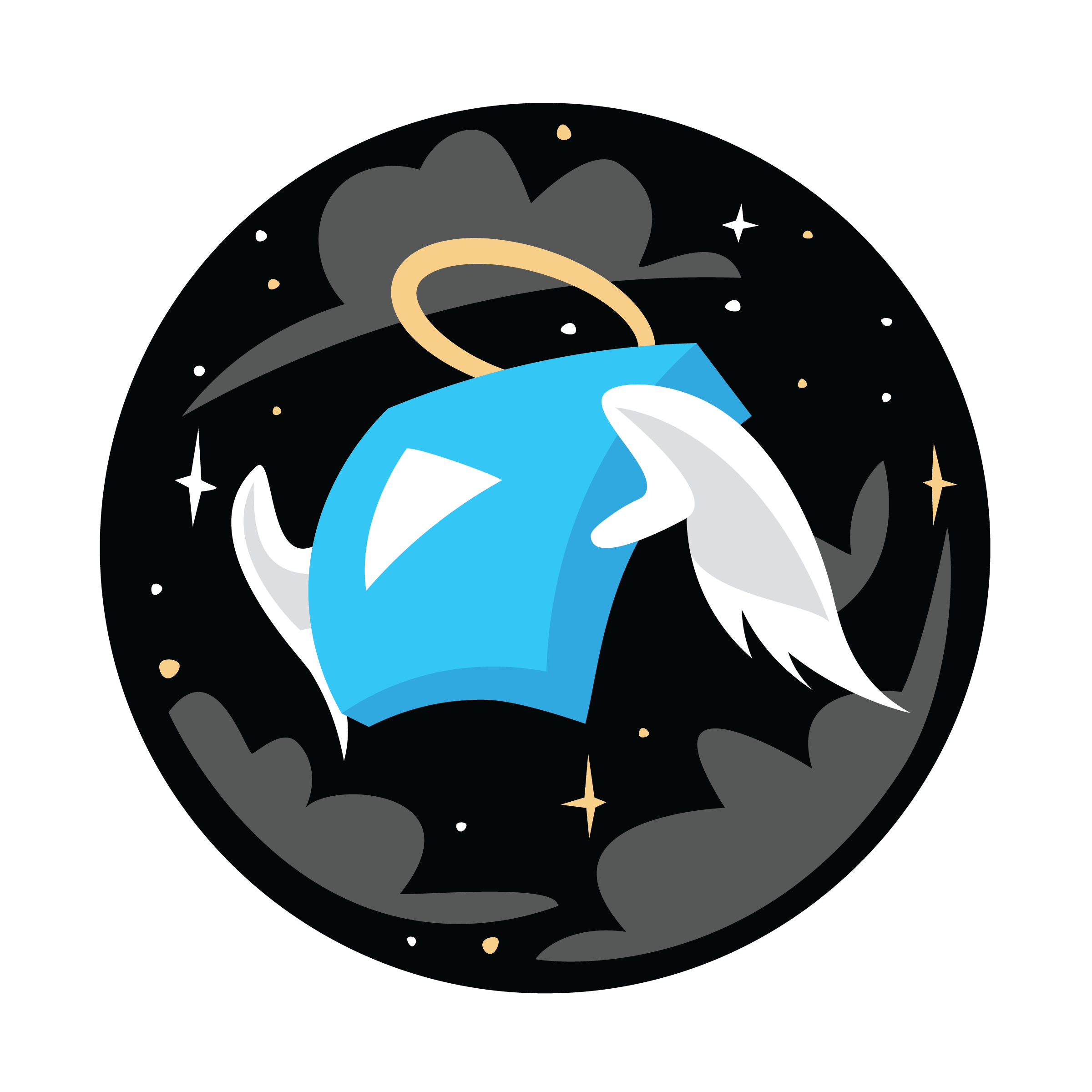 Blue shirt with wings and halo floating in a starry night sky, conveying a whimsical, celestial theme.