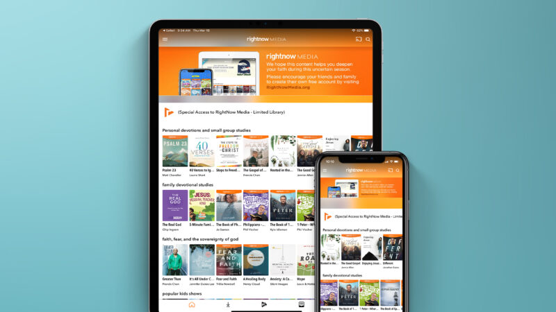 Tablet and phone displaying RightNow Media app with FREE ACCESS text on blue background.