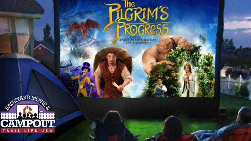Outdoor movie night featuring The Pilgrim's Progress with tents and audience at dusk.
